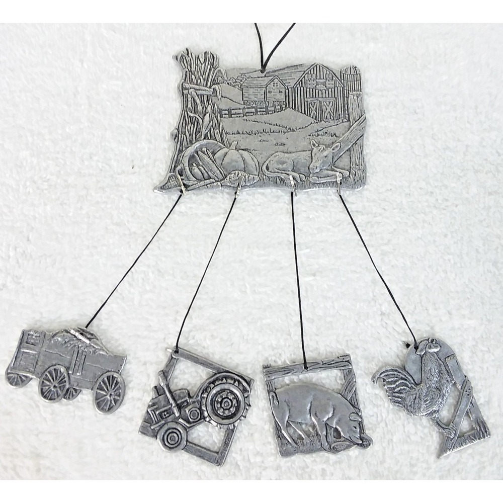 Carson Style Pewter Wind Chime Barn Cow Pig Rooster Tractor Hay 1996 VTG Country